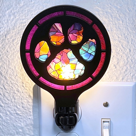 Handmade Stained Glass Style Paw Print Night Light Rainbow Mosaic Pet Decor - Picture 2 of 3